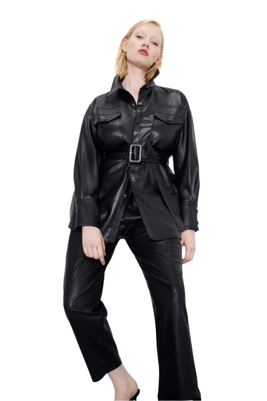 Chic chaqueta de cuero con cinturón | Perfecto para el invierno para las mujeres