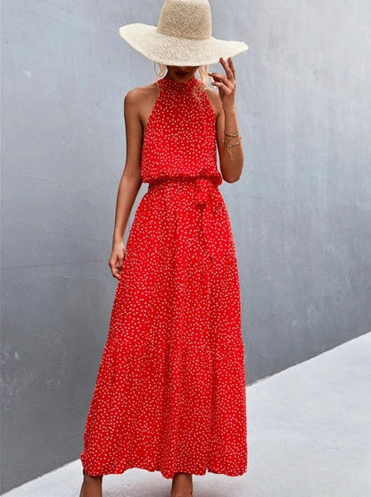 vestido mono más vendido con tirantes y cuello halter con estampado de lunares ondulados