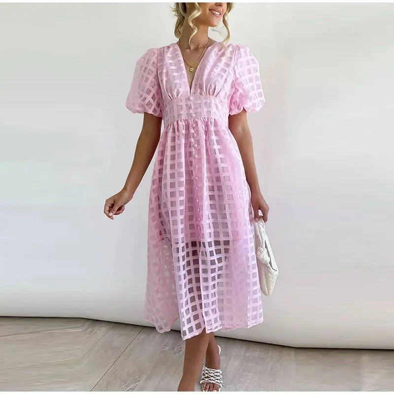Elegante vestido midi de verano con mangas cortas abullonadas