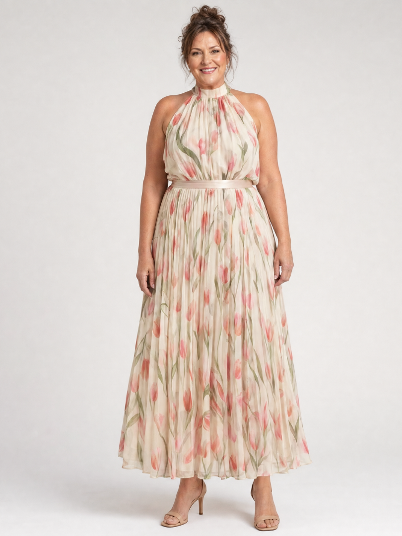 Damska Sukienka Maxi Plisowana Halter w Kwiaty