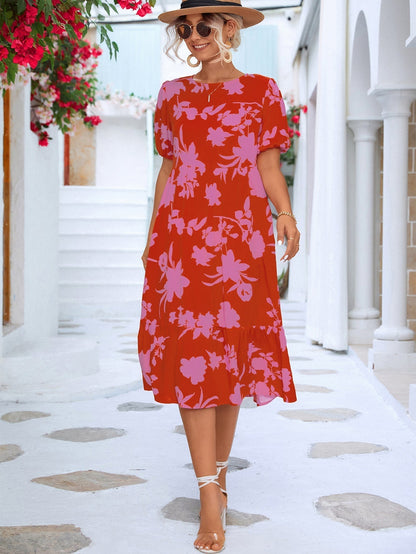 Vestido midi floral con mangas abullonadas y volantes en el bajo