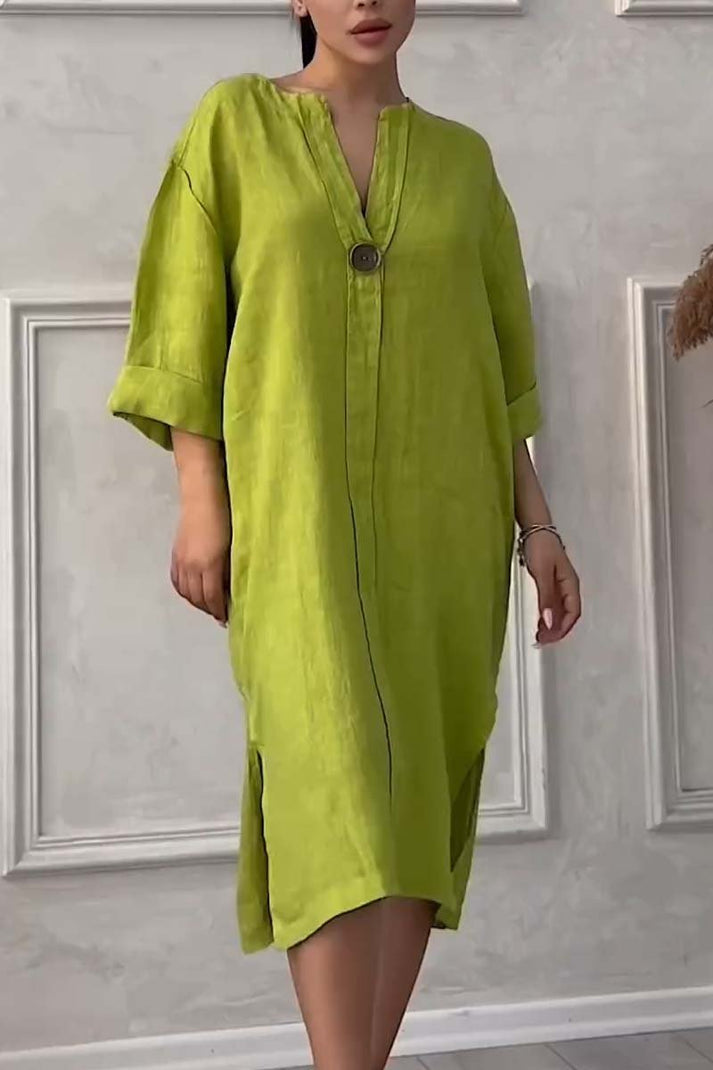 vestido casual de algodón y lino con cierre de botón