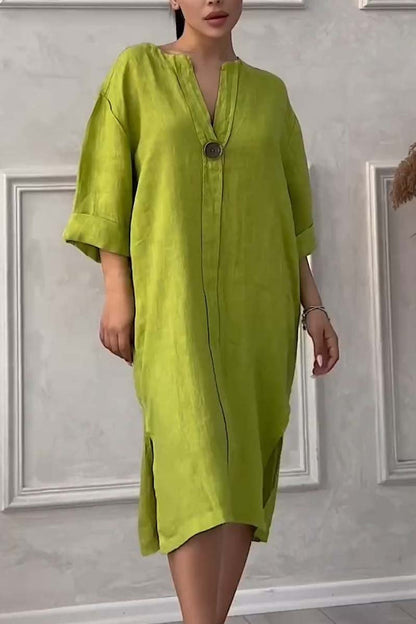 vestido casual de algodón y lino con cierre de botón