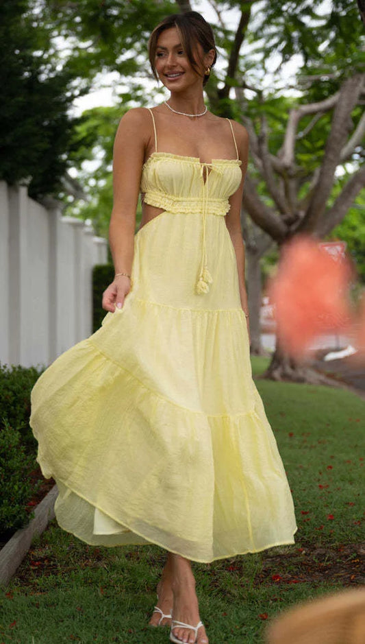 Maxi vestido sin mangas con costuras y volantes