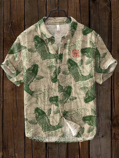 Ludo | Camisa de lino vintage con arte de peces