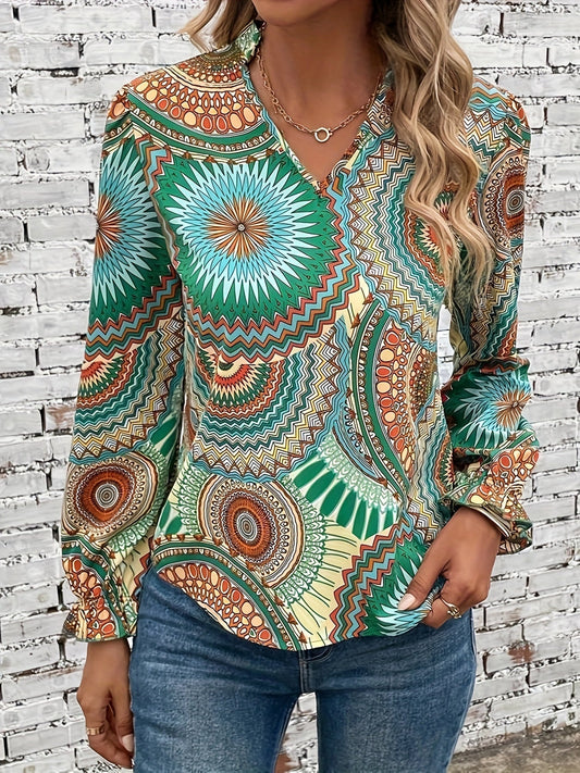 Iowana | Blusa vintage con cuello de muesca y estampado de mandalas