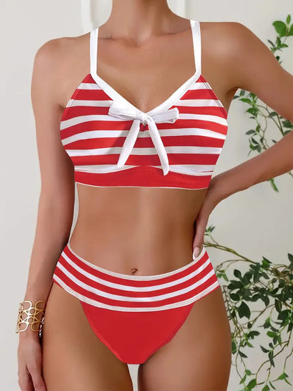 Sexy bikini con cuello en V y estampado de rayas