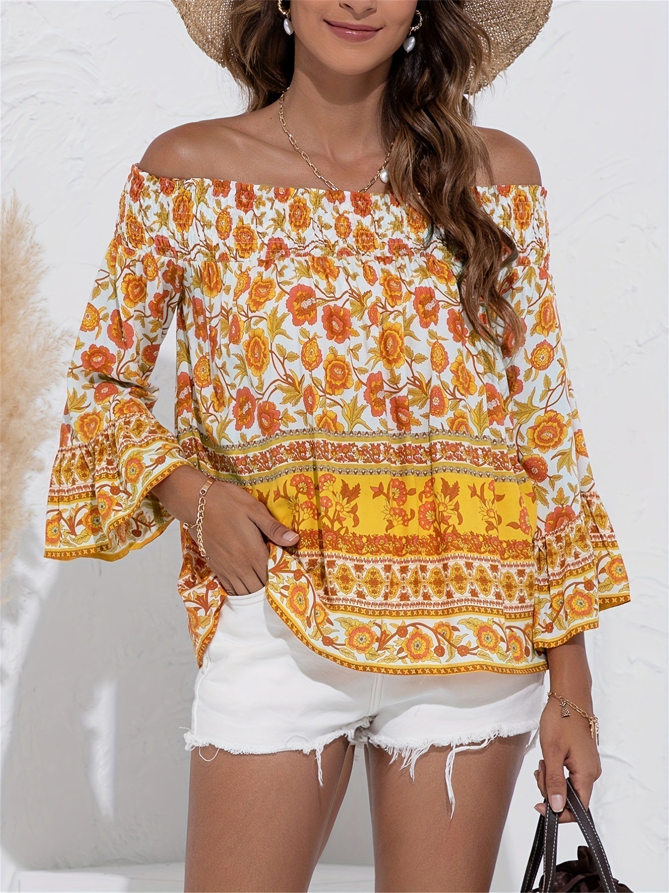Alina Blusa de hombros descubiertos con estampado floral para mujer