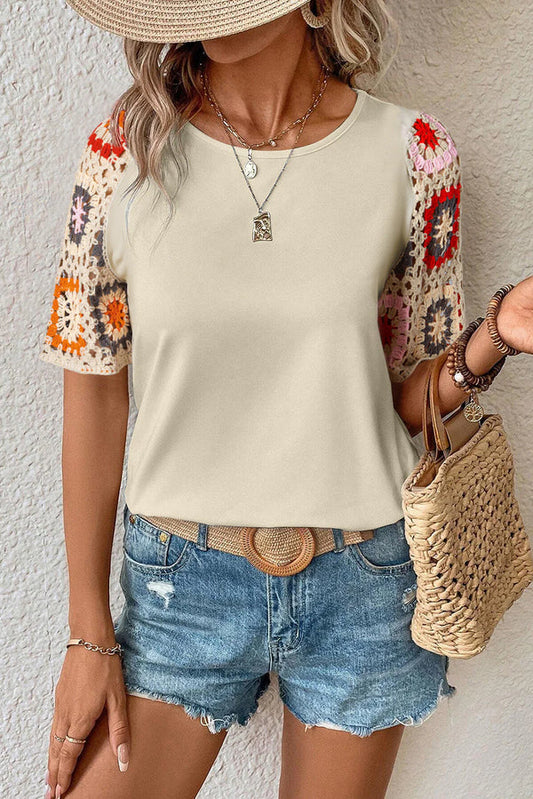 Hanna - Top de ganchillo de manga corta con estampado floral