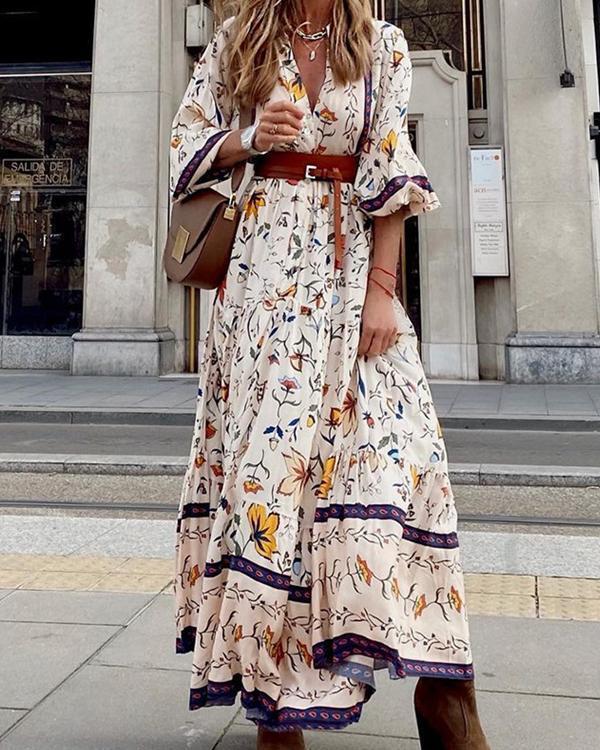 Elizeane - Elegante maxi vestido de estilo boho con estampado floral y escote en pico