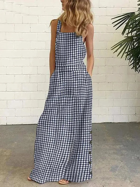Vestidos largos sin mangas con botones y bolsillos en cuadros con escote espagueti partido