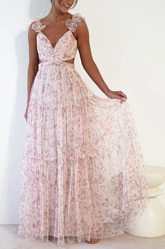Fée des Jardins maxi vestido de tul con volantes florales y découpes à la Taille à Nouer en el twinset