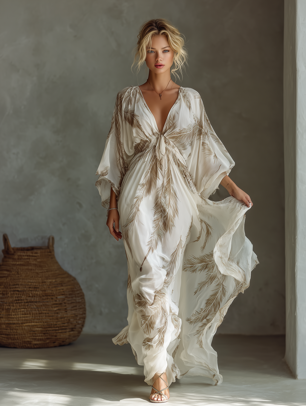 Damska Wzorzysta Sukienka Maxi Kaftan z Dekoltem V