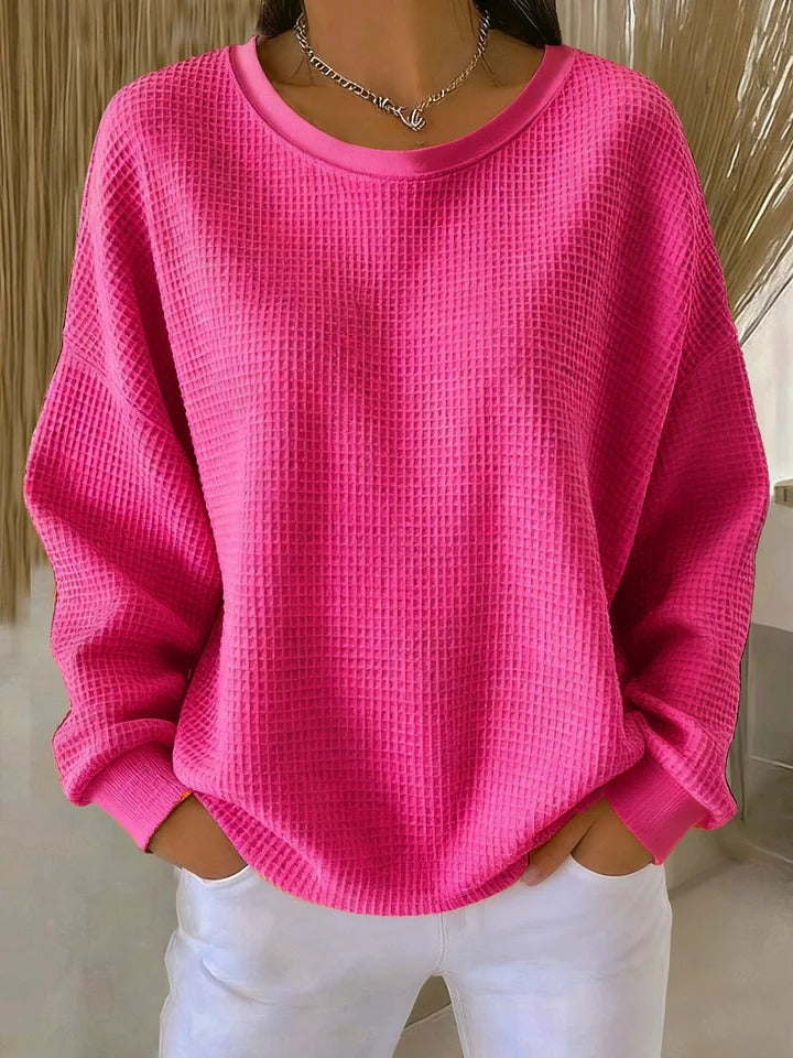 Damska Bluzka z Długim Rękawem Waffle Knit Dekolt Round