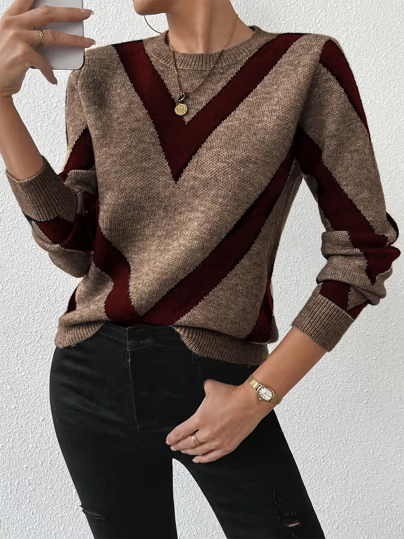 Sweter Damski ze Wzorem Chevron i Długim Rękawem
