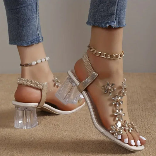 Camila® | Sandalias de mujer con flor y tacón de strass