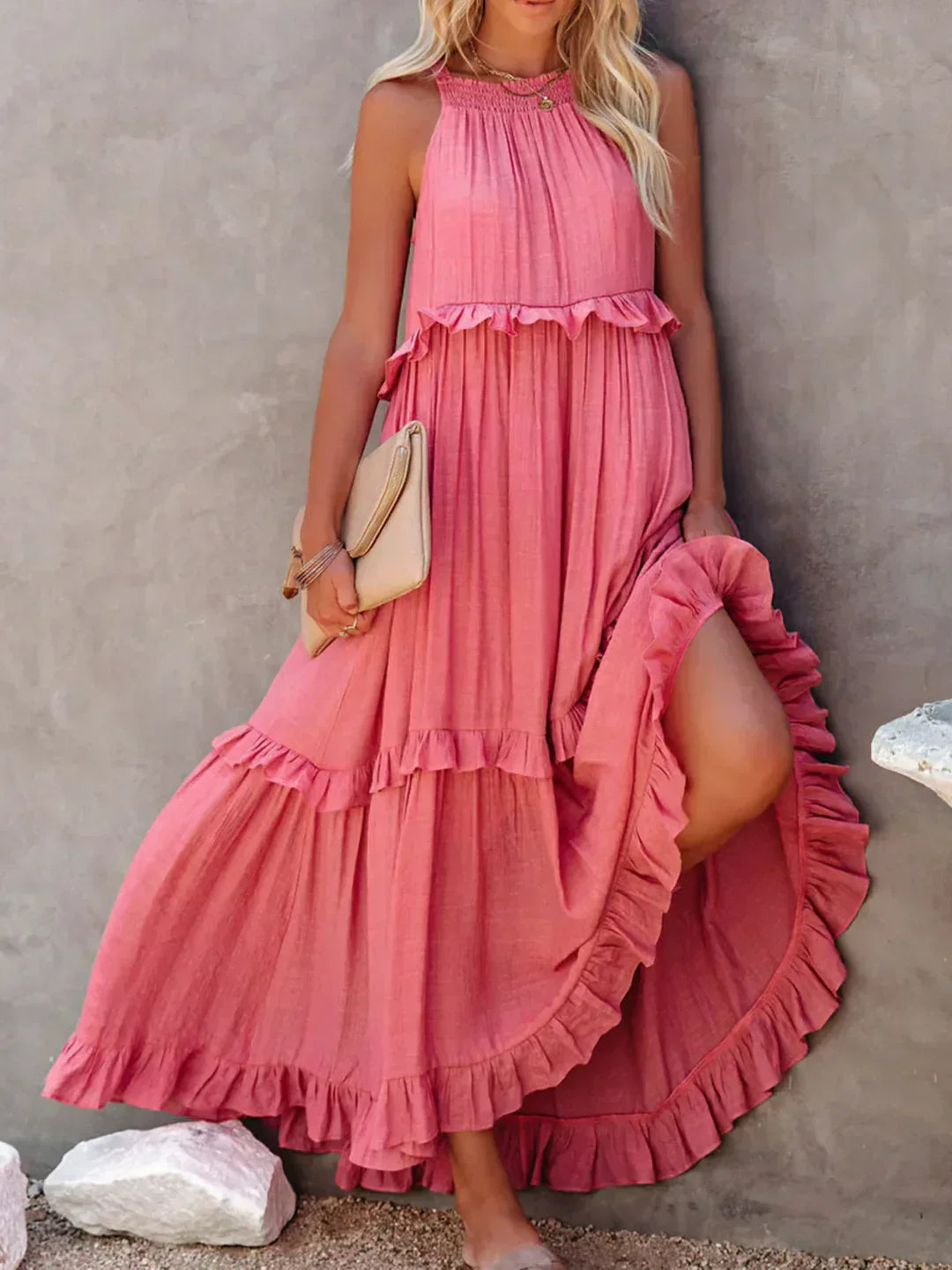 maxi vestido halter con volantes