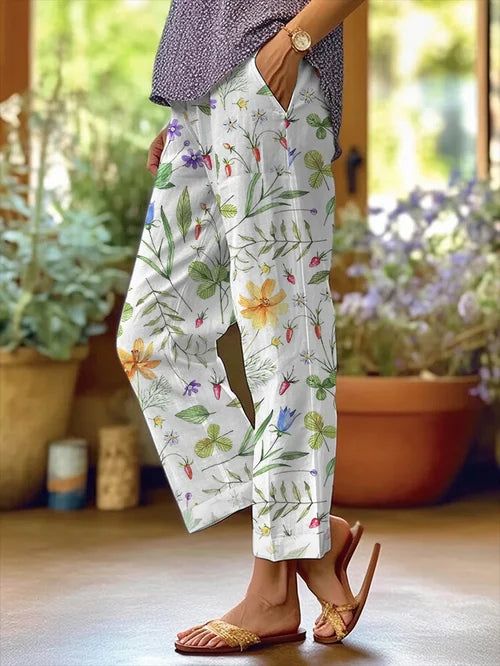 Women's Floral Patterned Loose Pocket Patchwork Casual Trousers