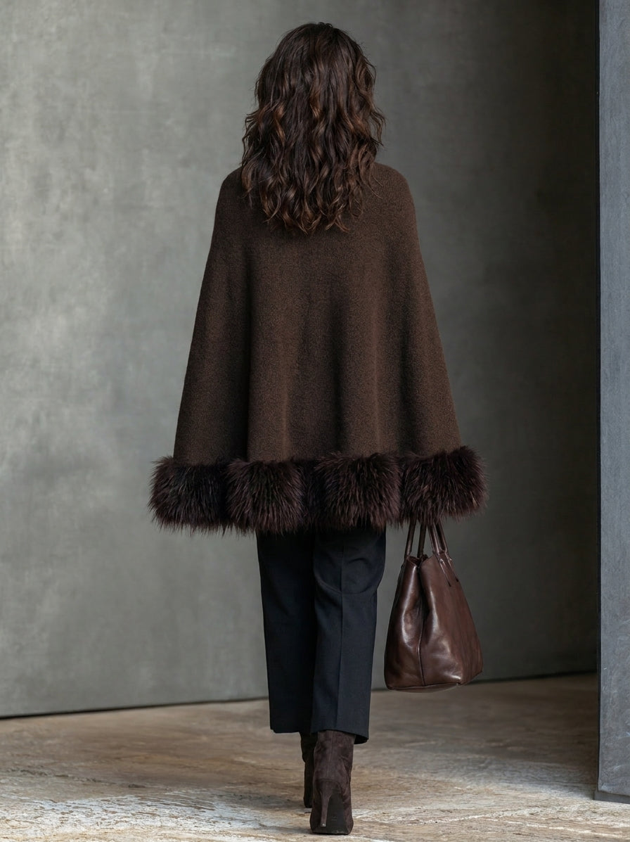 Damskie Poncho Narzutka Oversize Futerkowe Wykończenie