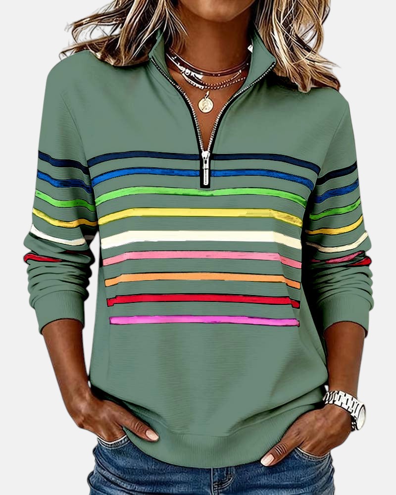 Damska Bluza Pullover W Paski Z Zamkiem Pod Szyją