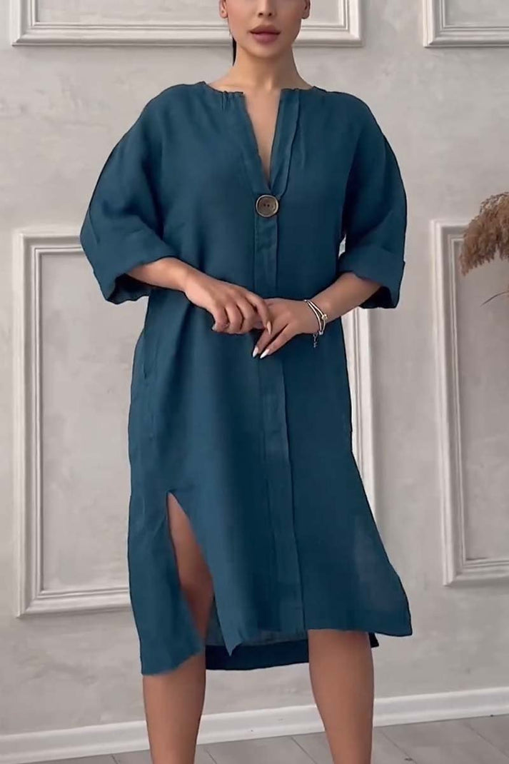 vestido casual de algodón y lino con cierre de botón