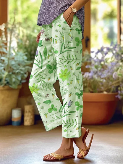 Women's Floral Patterned Loose Pocket Patchwork Casual Trousers