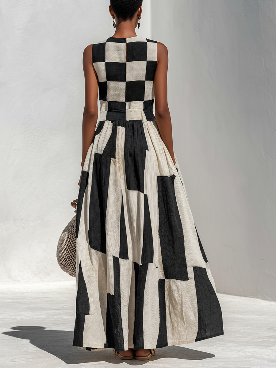 Damska Geometryczna Sukienka Maxi Patchwork