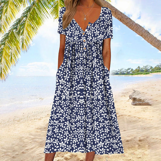 Vestido midi casual con estampado floral y manga corta, ideal para llevar a diario