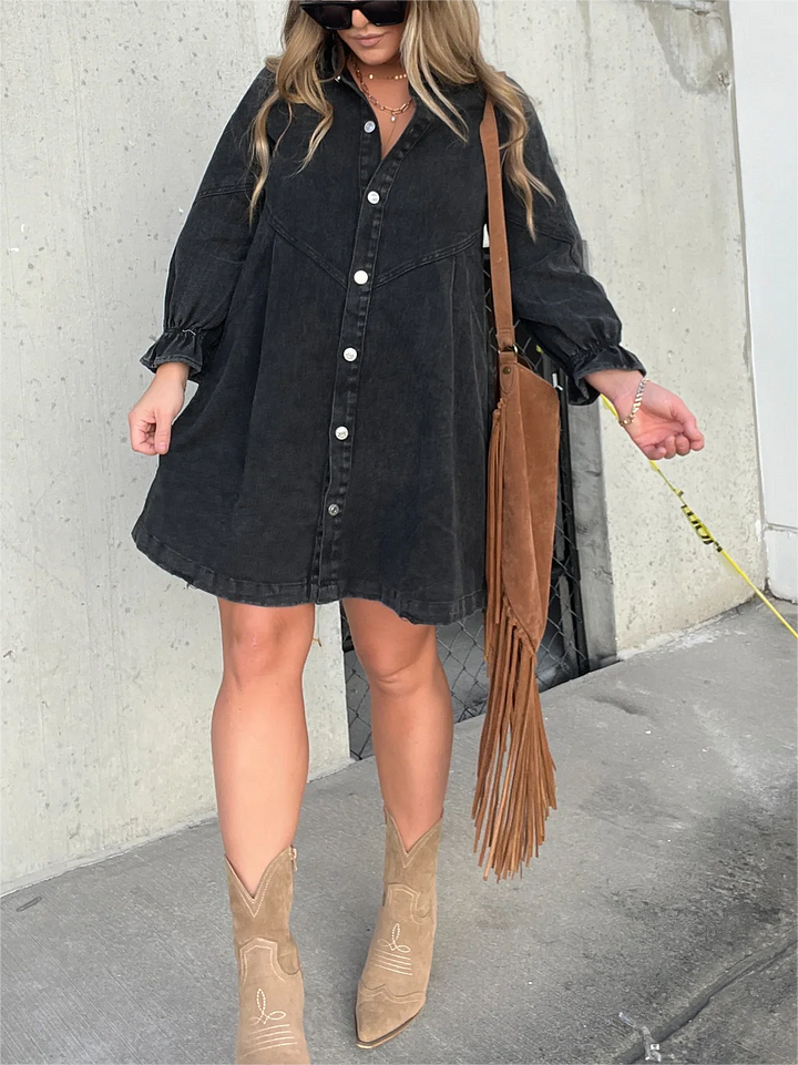 Vestido vaquero lavado con mangas abullonadas