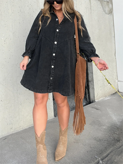 Vestido vaquero lavado con mangas abullonadas