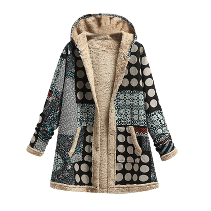 Lujosa, elegante y cálida chaqueta con capucha de patchwork de piel de oveja para mujer
