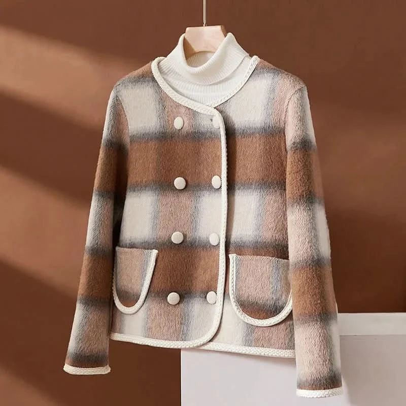 Elegante, acogedor y adaptable abrigo de cuadros para mujer