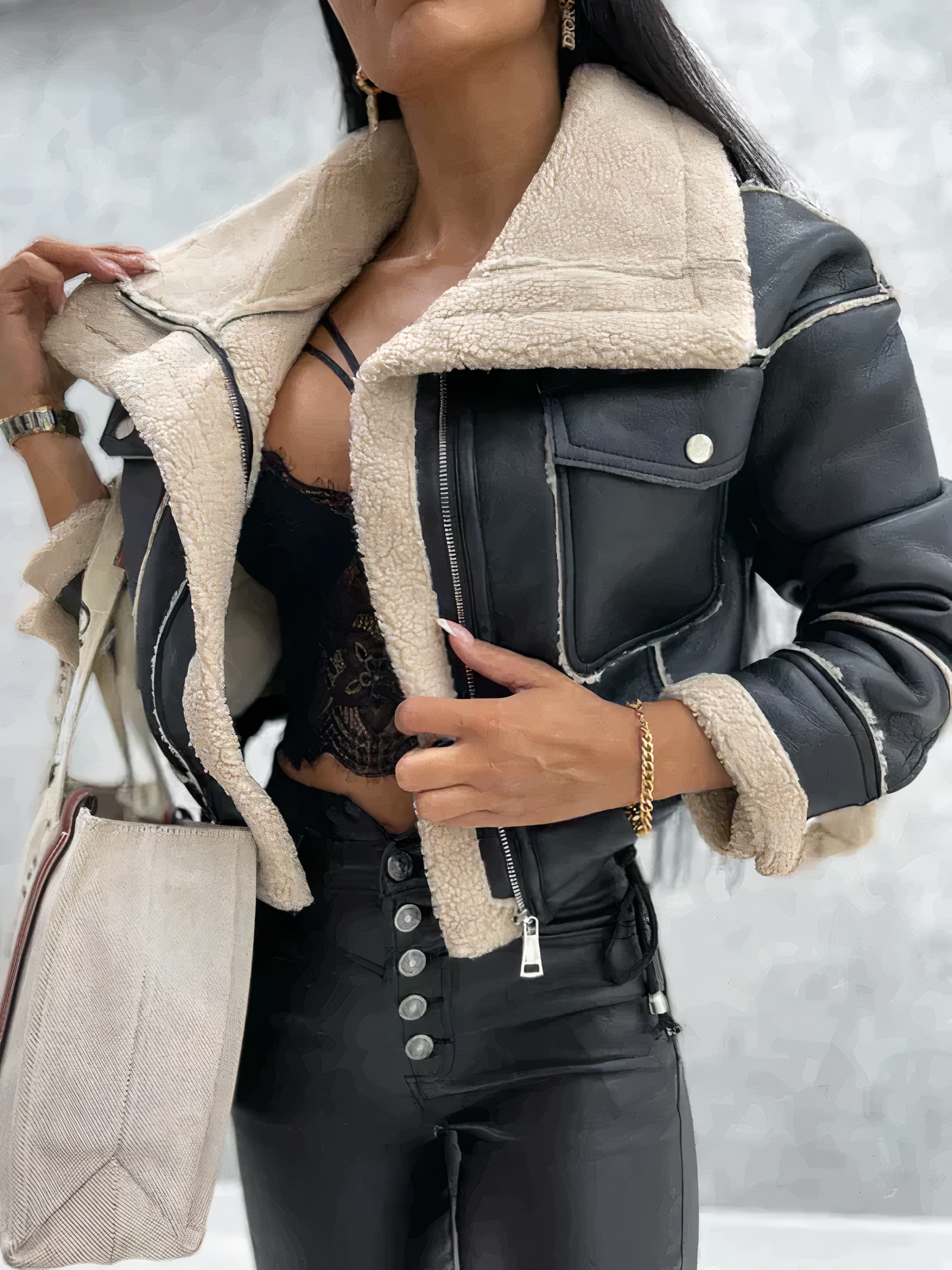 Chaqueta de cuero cálida para mujer