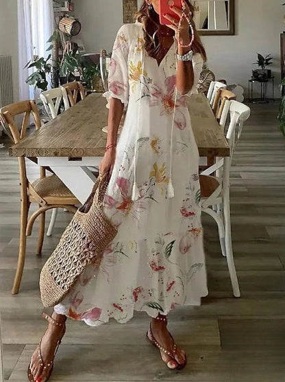 Aimee - Vestidos de mujer Vestido midi con estampado de barbas y escote en V