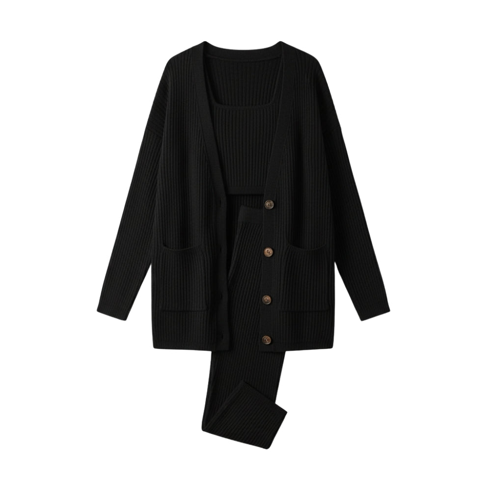 Arden | Conjunto de tres piezas para mujer: cárdigan, chaleco y pantalones