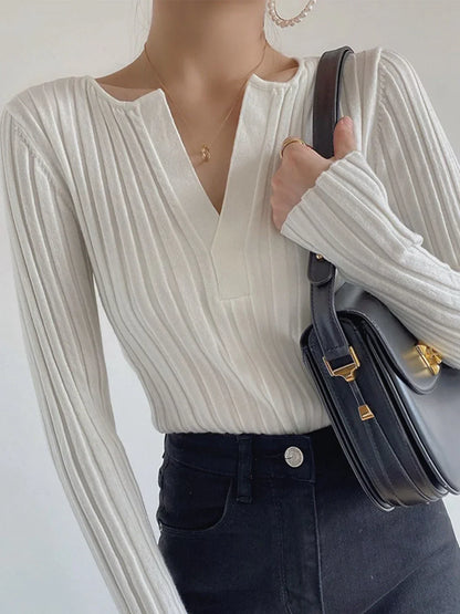 Cómodo top de punto para mujer con escote en V