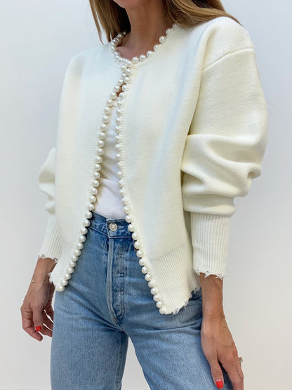 Pearl Trim | Torn Hem Cardigan Sweater Señoras