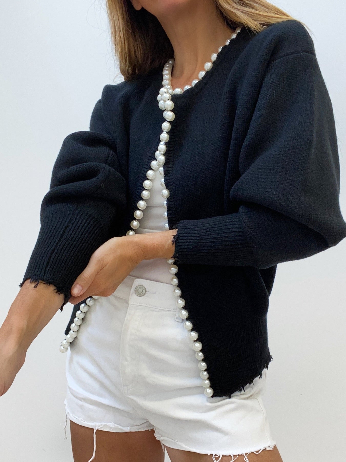 Pearl Trim | Torn Hem Cardigan Sweater Señoras