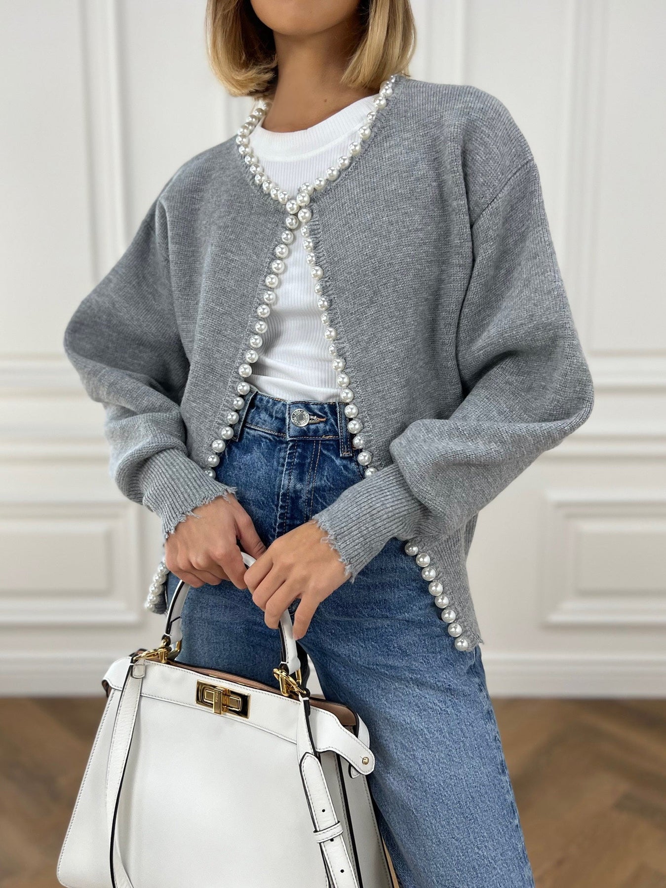 Pearl Trim | Torn Hem Cardigan Sweater Señoras