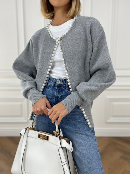 Pearl Trim | Torn Hem Cardigan Sweater Señoras