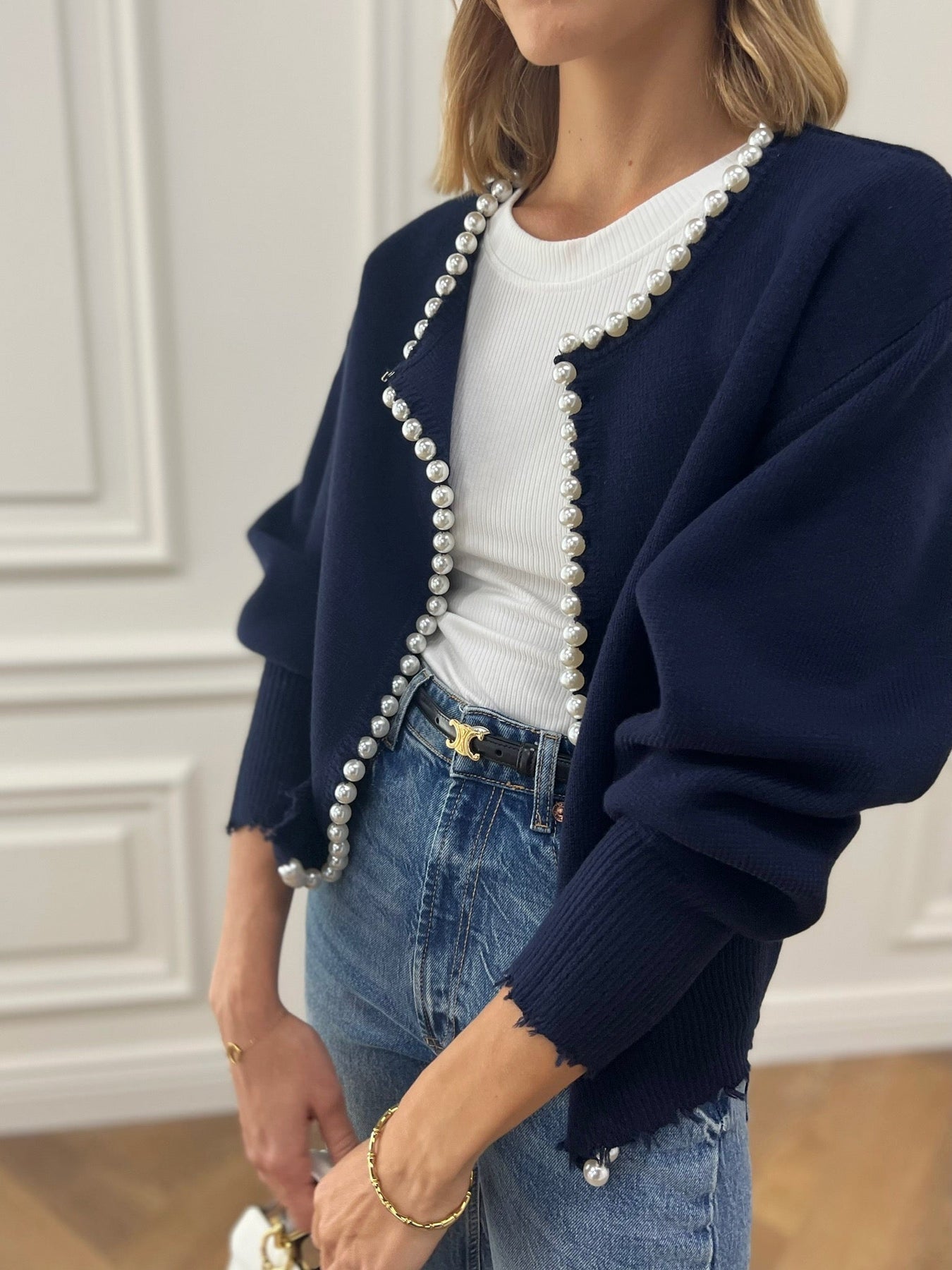 Pearl Trim | Torn Hem Cardigan Sweater Señoras