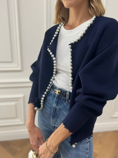 Pearl Trim | Torn Hem Cardigan Sweater Señoras