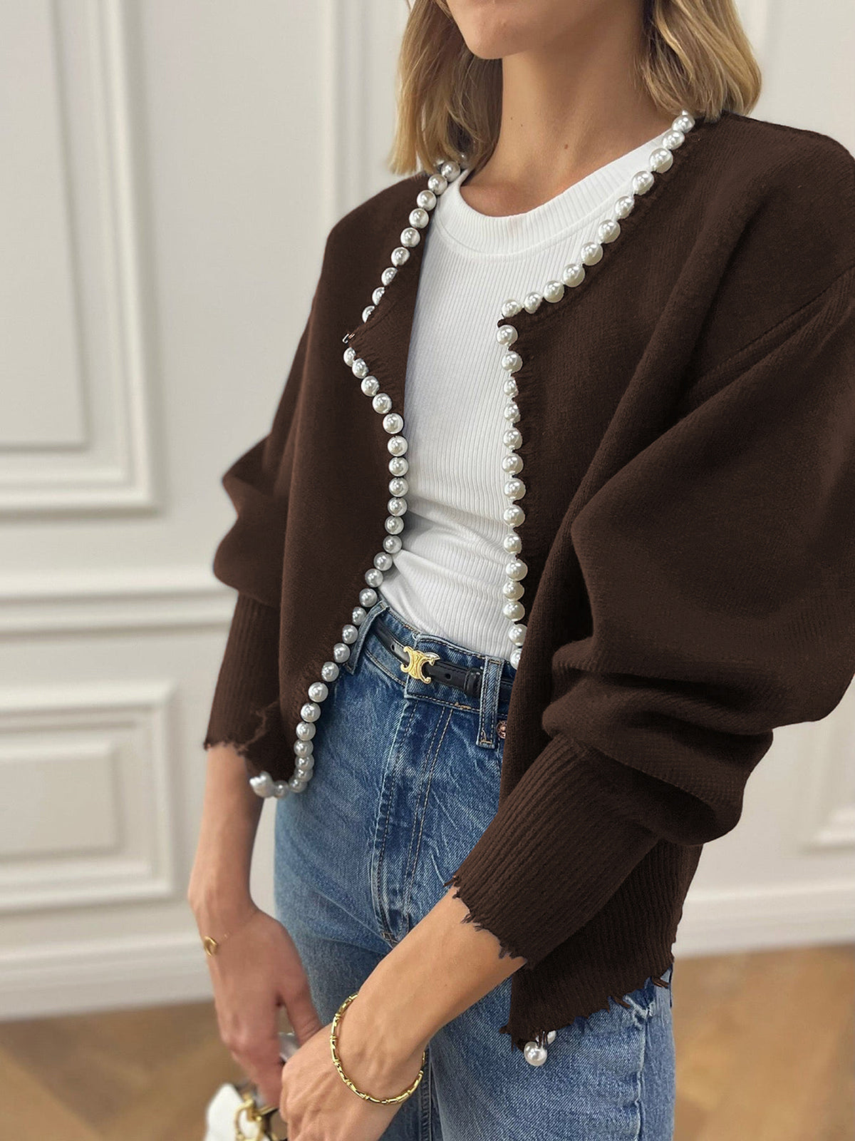 Pearl Trim | Torn Hem Cardigan Sweater Señoras