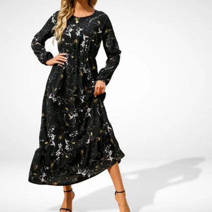 Vestido largo suelto con estampado floral y mangas largas