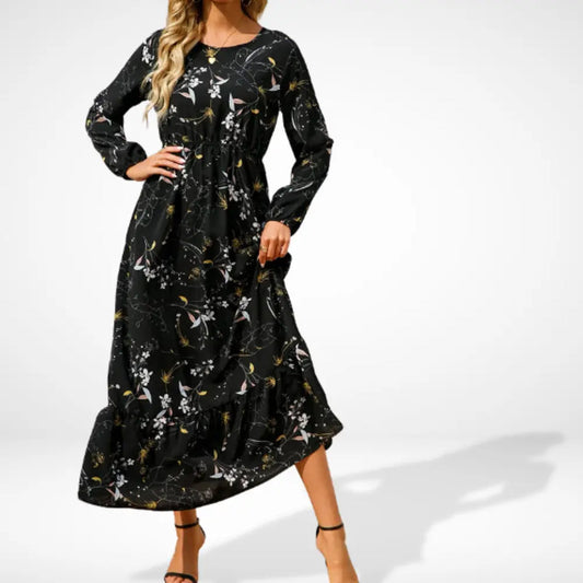 Vestido largo suelto con estampado floral y mangas largas