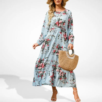 Vestido largo suelto con estampado floral y mangas largas