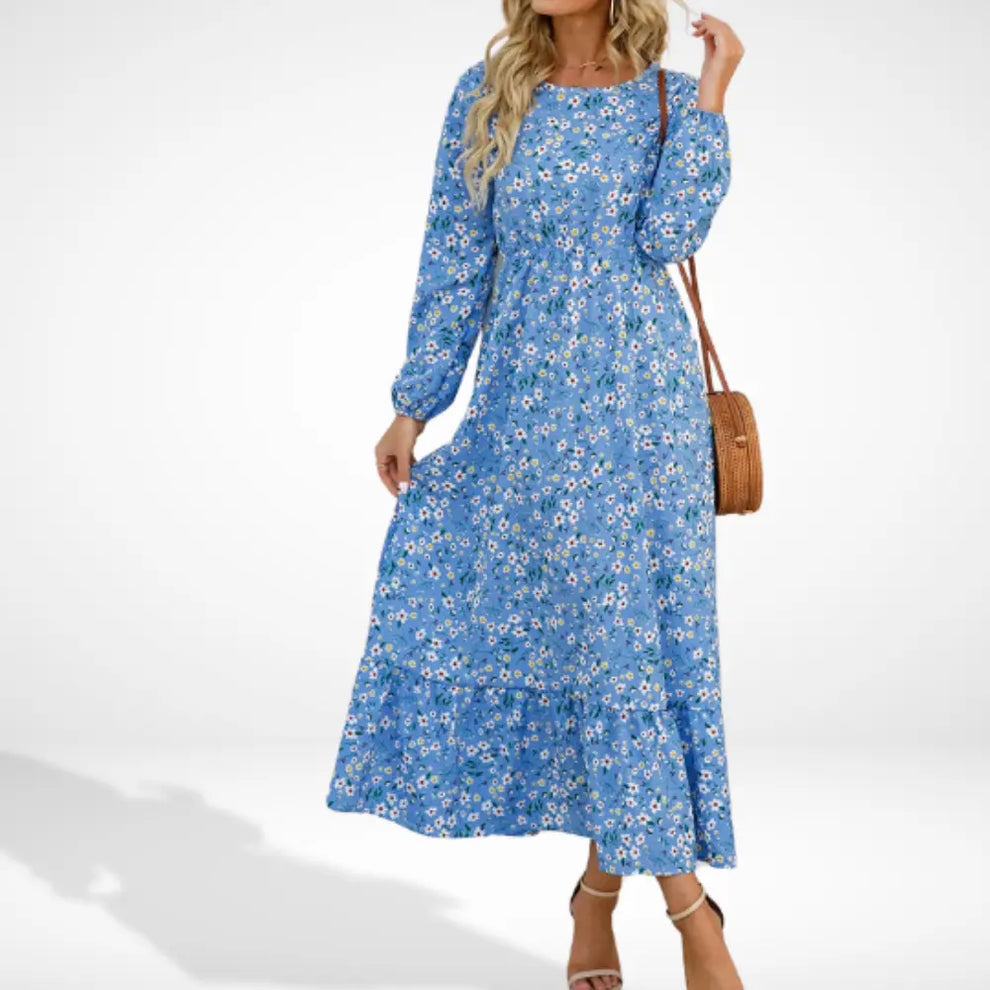 Vestido largo suelto con estampado floral y mangas largas