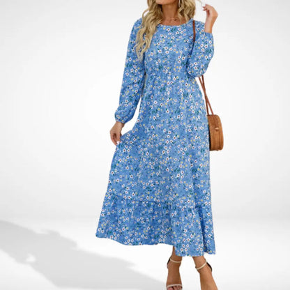Vestido largo suelto con estampado floral y mangas largas