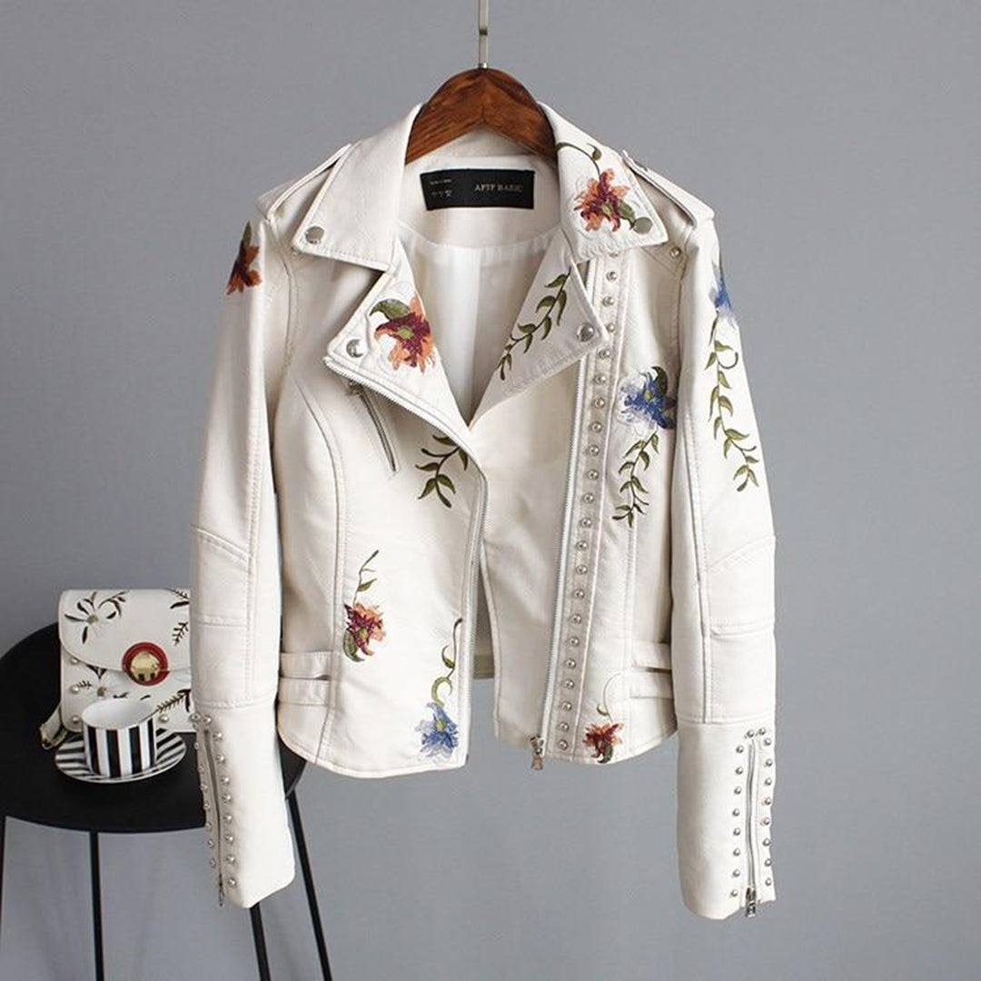 Elegante chaqueta de cuero para mujer con estampado floral
