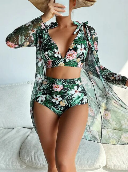 Bikini sexy con estampado floral y superposición